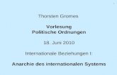 111 Thorsten Gromes Vorlesung Politische Ordnungen 18. Juni 2010 Internationale Beziehungen I: Anarchie des internationalen Systems.