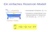 Ein einfaches Reservoir-Modell a [Liter/min] V (Liter) k [1/min] * V [Liter] konstanter Einstrom: Q i = a Ausstrom proportional zum Wasserstand im Reservoir.