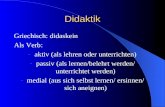 Didaktik Griechisch: didaskein Als Verb: - aktiv (als lehren oder unterrichten) - passiv (als lernen/belehrt werden/ unterrichtet werden) - medial (aus.