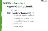 Agro-Gentechnik eine Risikotechnologie BUND informiert Was ist Gentechnik? Gentech-Anbau weltweit Risiken der Gentechnik Aktuelle politische Lage Was tun?