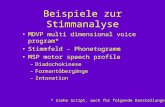 Beispiele zur Stimmanalyse MDVP multi dimensional voice program* Stimmfeld – Phonetogramm MSP motor speech profile –Diadochokinese –Formantübergänge –Intonation.