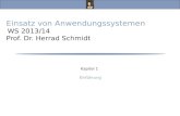 Einsatz von Anwendungssystemen, Vorlesung Wintersemester 2013/14 Prof. Dr. Herrad Schmidt WS 13/14 Kapitel 1 Folie 2 1 Einführung Inhalt der Lehrveranstaltung.