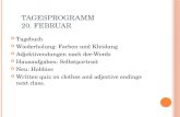 T AGESPROGRAMM 20. F EBRUAR Tagebuch Wiederholung: Farben und Kleidung Adjektivendungen nach der-Words Hausaufgaben: Selbstportrait Neu: Hobbies Written.