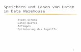 1 Speichern und Lesen von Daten im Data Warehouse Stern-Schema Daten-Würfel Anfragen Optimierung des Zugriffs.