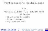 BAUBIOLOGIE 2 Vortragsreihe Baubiologie (2) Materialien für Bauen und Wohnen DI Johannes Breitling TM Karl Kukowetz Ing. Günther Dörr Materialien für Bauen.