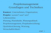 EINF. 1 Projektmanagement Grundlagen und Techniken Kontext: Unternehmen, Organisation; Projekt: warum? was? wie? Lebenszyklus Planung, Planinhalte, Planungsablauf;