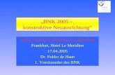 BNK 2005 – konstruktive Neuausrichtung außerordentliche Mitgliederversammlung Frankfurt, Hotel Le Meridien 17.04.2005 Dr. Fokko de Haan 1. Vorsitzender.