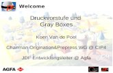 Welcome Koen Van de Poel Chairman Origination&Prepress WG @ CIP4 JDF Entwicklungsleiter @ Agfa Druckvorstufe und Gray Boxes.
