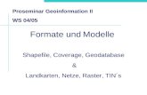 Formate und Modelle Proseminar Geoinformation II WS 04/05 Shapefile, Coverage, Geodatabase & Landkarten, Netze, Raster, TIN´s.
