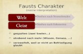 Fausts Charakter (meine Interpretation) gespalten (zwei Seelen...) strebend nach mehr (Wissen, Genuss,...) verzweifelt, weil er nicht an Befriedigung glaubt.