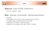 XML - Warum: Das HTML-Dilemma HTML, SGML, XML - Wie: Syntax, Konzepte, Sprachelemente Basics Wohlgeformte XML-Dokumente (ohne DTD) Gültige XML-Dokumente.
