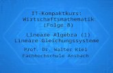 IT-Kompaktkurs: Wirtschaftsmathematik (Folge 8) Lineare Algebra (1) Lineare Gleichungssysteme Prof. Dr. Walter Kiel Fachhochschule Ansbach.