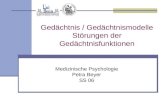 Gedächtnis / Gedächtnismodelle Störungen der Gedächtnisfunktionen Medizinische Psychologie Petra Beyer SS 06.