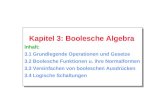 Kapitel 3: Boolesche Algebra Inhalt: 3.1 Grundlegende Operationen und Gesetze 3.2 Boolesche Funktionen u. ihre Normalformen 3.3 Vereinfachen von booleschen.