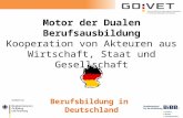 Motor der Dualen Berufsausbildung Kooperation von Akteuren aus Wirtschaft, Staat und Gesellschaft Berufsbildung in Deutschland.