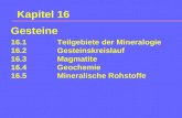 Kapitel 16 16.1Teilgebiete der Mineralogie 16.2Gesteinskreislauf 16.3Magmatite 16.4Geochemie 16.5Mineralische Rohstoffe Gesteine.