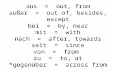 Aus = out, from außer = out of, besides, except bei = by, near mit = with nach = after, towards seit = since von = from zu = to, at *gegenüber = across.