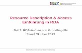 Resource Description & Access Einführung in RDA Anhang D.1: ISBD-Darstellung . 32 RDA-Einführung, Teil 2: RDA-Aufbau und Grundbegriffe (Stand Oktober 2013) RDA-Datenmodell