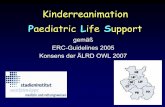gemäß ERC-Guidelines 2005 Konsens der ÄLRD OWL … CPR Kinderreanimation ERC-Guidelines 2005 Vereinfachung Minimierung der „no-flow-Phasen“ während HDM und Beatmung wichtig: