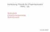 Vorlesung Physik für Pharmazeuten PPh - 05 · Hydraulische Presse (Anwendung des Pascalschen Prinzips) p1 =p2 2 2 1 1 A F A F = F1 ⋅s1 =F2 ⋅s2 Energieerhaltung p1 ⋅A1 ⋅s1