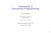 Informatik 2: Functional Programming - TUM · 2013-01-29 · 1 Organisatorisches 2 Functional Programming: The Idea 3 Basic Haskell 4 Lists 5 Proofs 6 Higher-Order Functions 7 Type