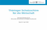 Thüringer Schutzschirm für die Wirtschaft · 2020. 4. 17. · Finanzierung von Investitionen und Betriebsmitteln, Haftungsfreistellung bis zu 80 bzw. bei KMU 90 Prozent (vor Krise