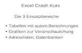 Excel Crash Kurs Tabellen mit autom.Berechnungen Grafiken zur Veranschaulichung Adresslisten, Datenbanken Die 3 Einsatzbereiche